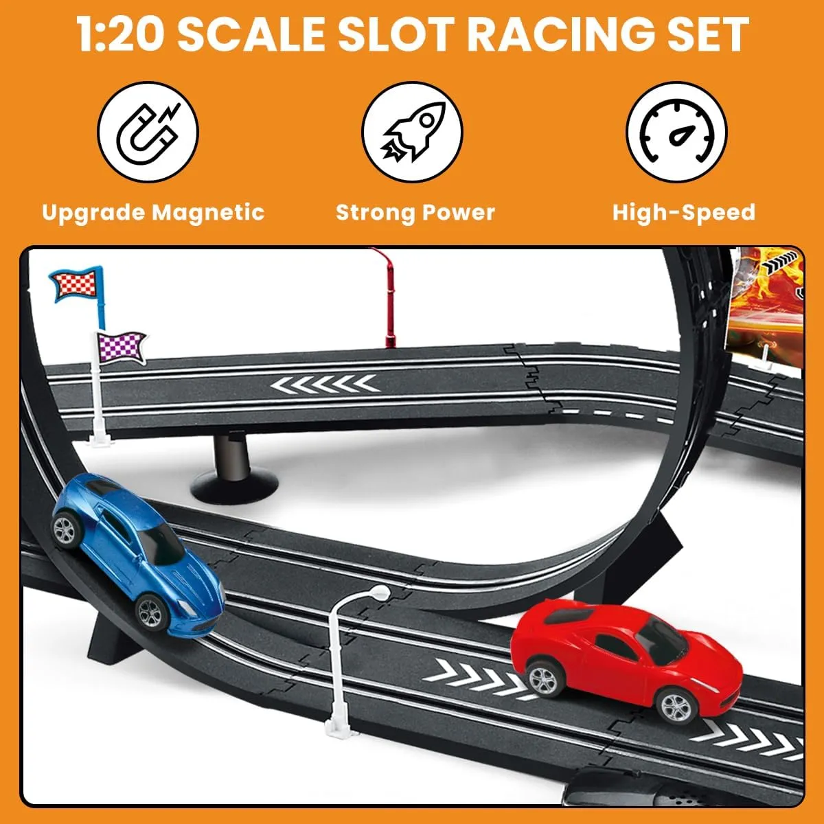 Slot Car Race Track Sets, Electric Race Car Track with 4 High-Speed Slot Cars, 2 Electric Controller and 2 Manual Controller Circular Overpass Track, Gift for Kids Ages 6 7 8-12