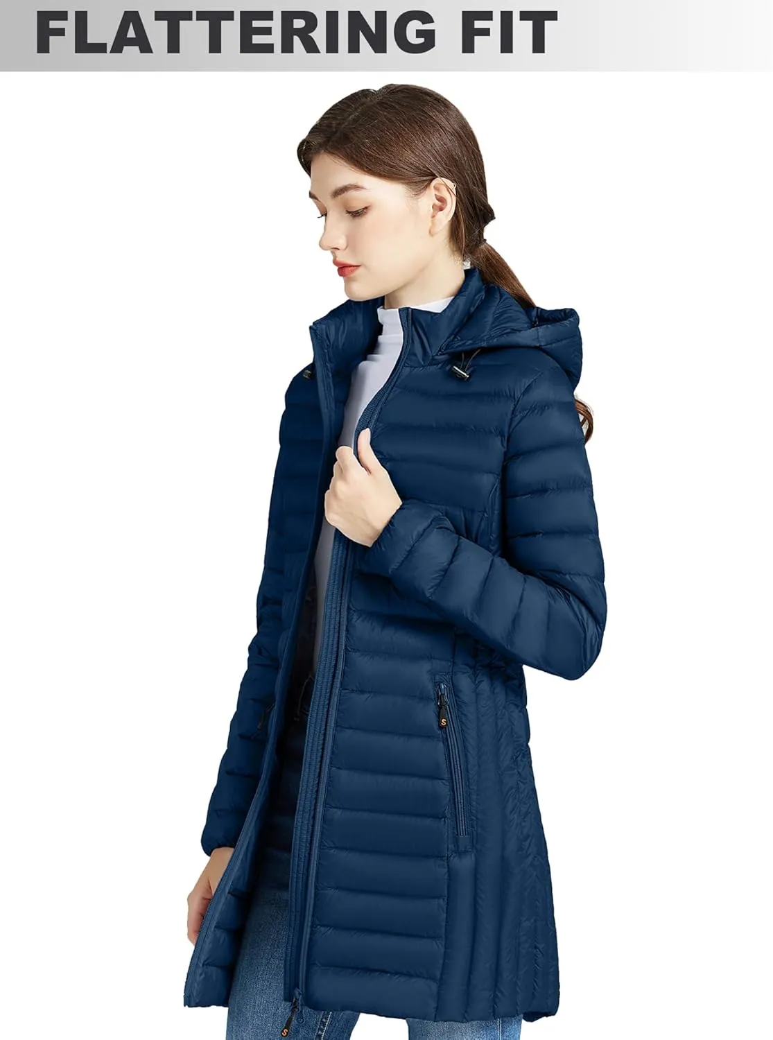 SLOWTOWN Women’s Lightweight Down Puffer Coat Packable Long Down Coat Hood Winter Puffer Jacket