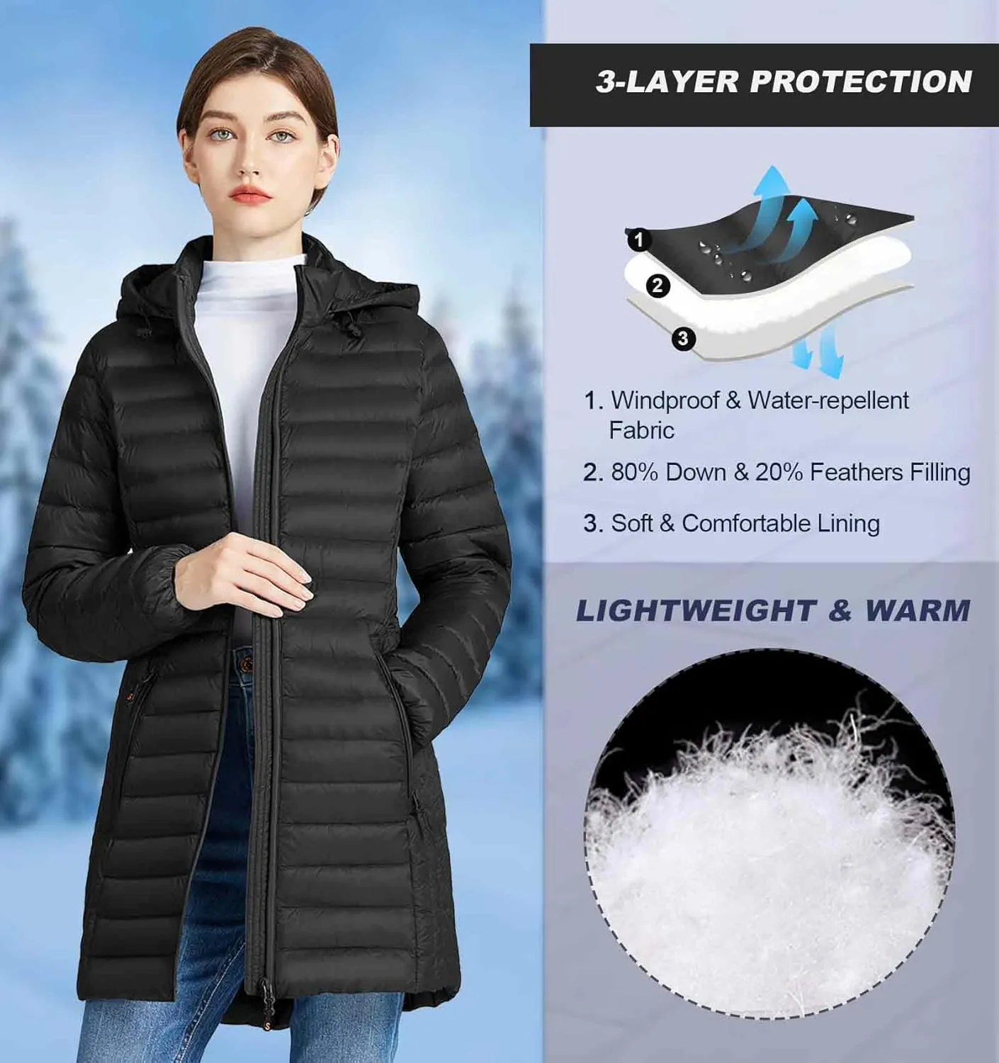 SLOWTOWN Women’s Lightweight Down Puffer Coat Packable Long Down Coat Hood Winter Puffer Jacket