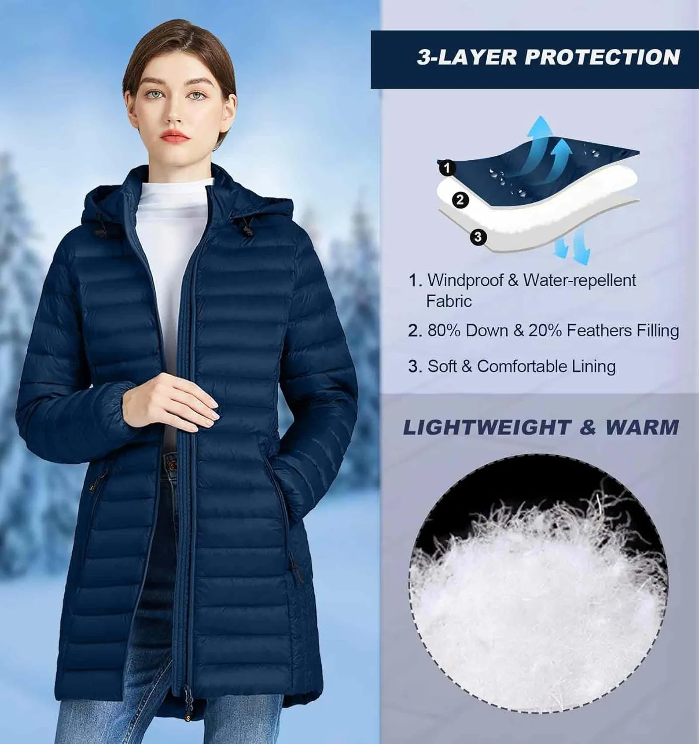 SLOWTOWN Women’s Lightweight Down Puffer Coat Packable Long Down Coat Hood Winter Puffer Jacket