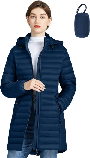 SLOWTOWN Women’s Lightweight Down Puffer Coat Packable Long Down Coat Hood Winter Puffer Jacket