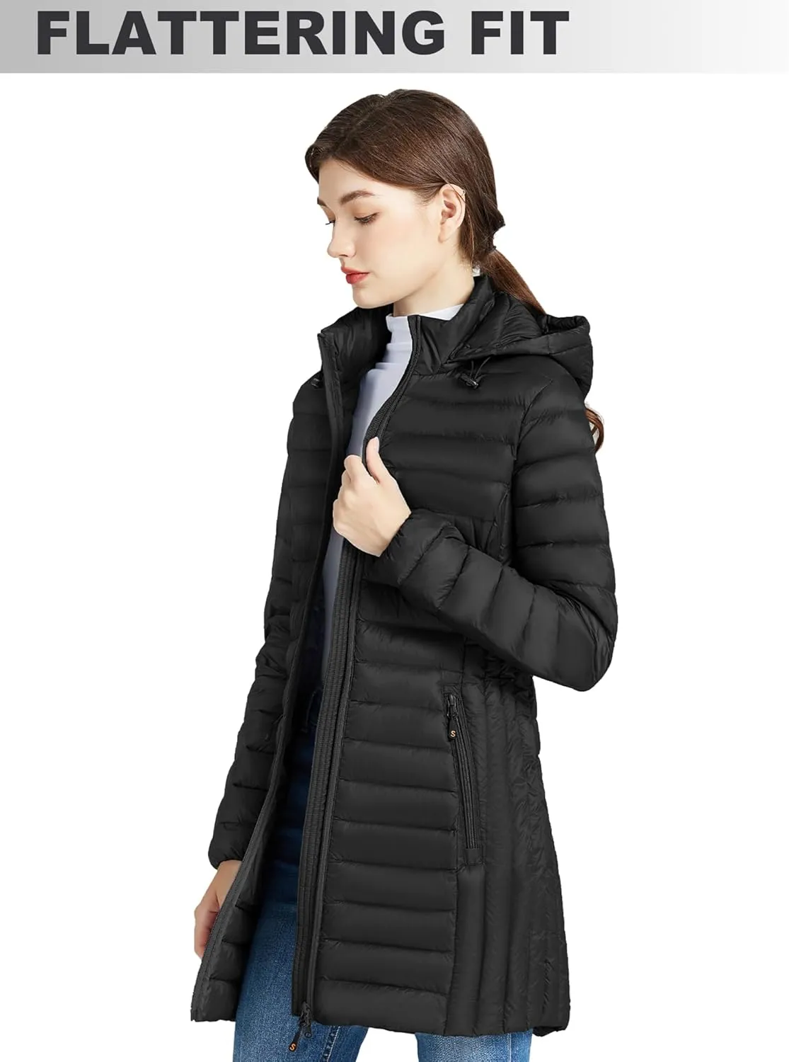 SLOWTOWN Women’s Lightweight Down Puffer Coat Packable Long Down Coat Hood Winter Puffer Jacket