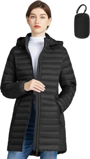 SLOWTOWN Women’s Lightweight Down Puffer Coat Packable Long Down Coat Hood Winter Puffer Jacket