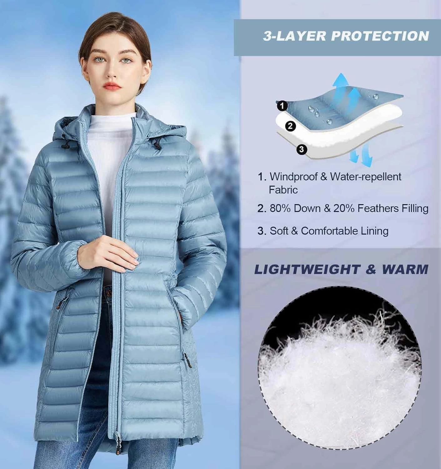 SLOWTOWN Women’s Lightweight Down Puffer Coat Packable Long Down Coat Hood Winter Puffer Jacket