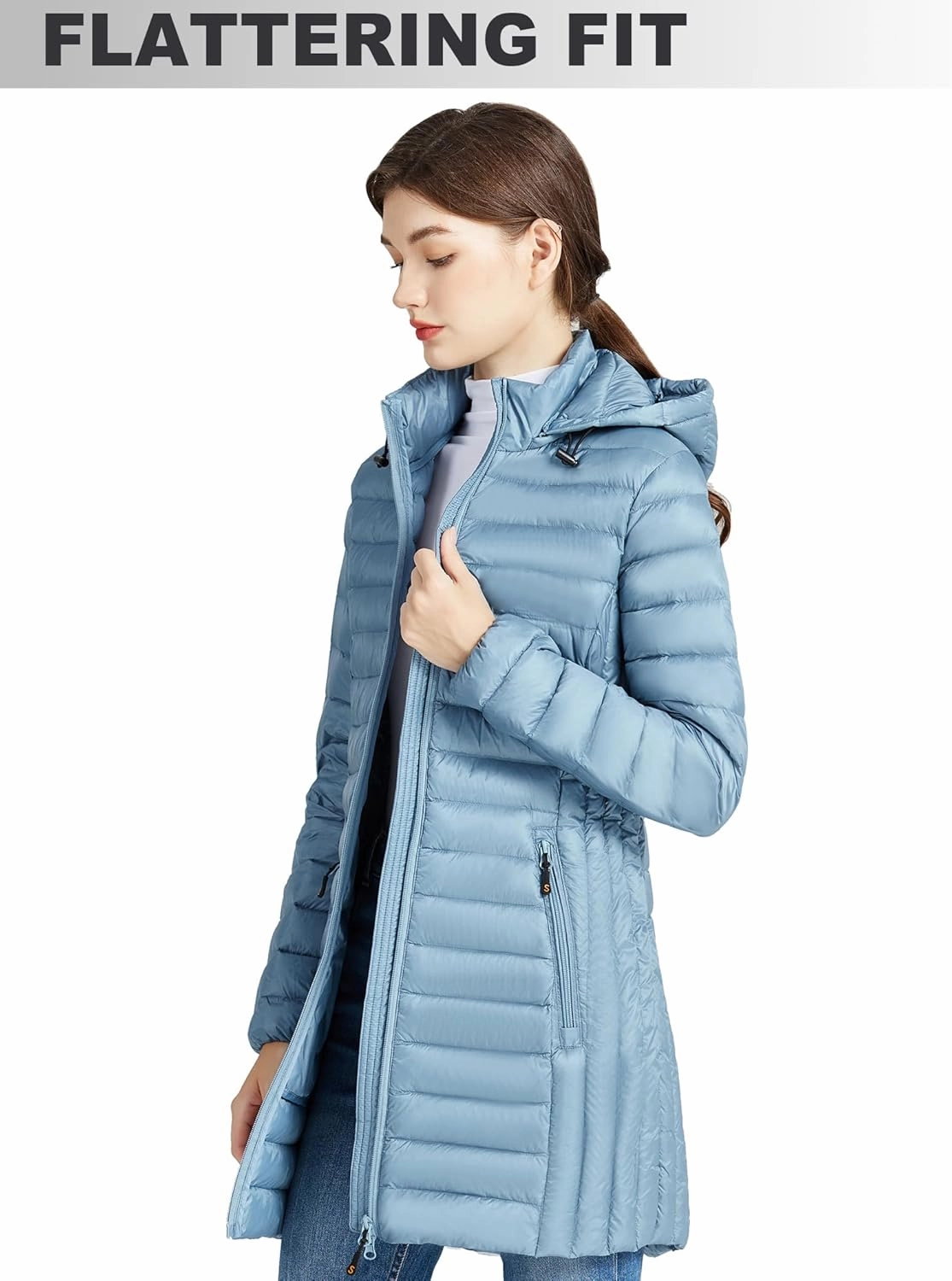 SLOWTOWN Women’s Lightweight Down Puffer Coat Packable Long Down Coat Hood Winter Puffer Jacket