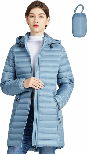 SLOWTOWN Women’s Lightweight Down Puffer Coat Packable Long Down Coat Hood Winter Puffer Jacket