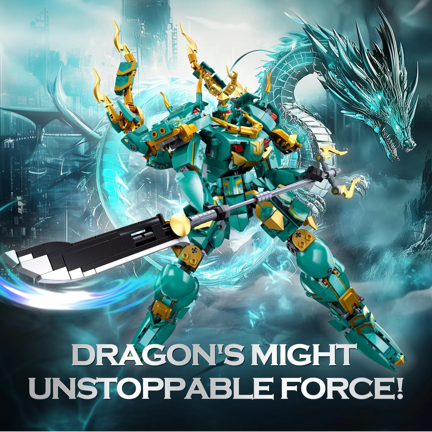 Sluban Mech Robot Building Set for Adults, Green Dragon Samurai Action Figure with Weapons, 704 PCS Ninja Toy Building Set, Collectible Gift for Kids Ages 8 