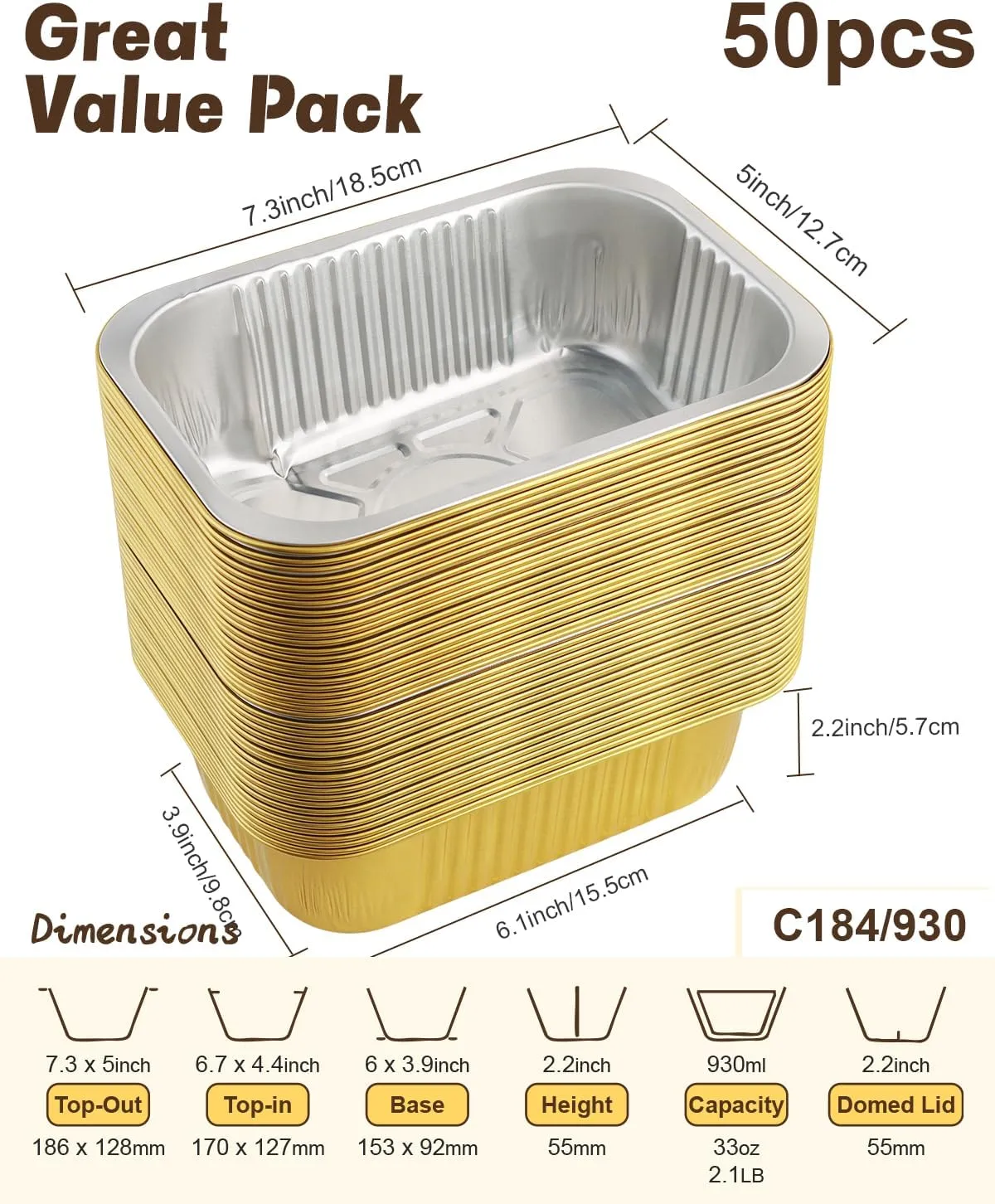 Small Aluminum Foil Pans with Lids ((50PACK 50LIDS), 7.3"x5"x2.2") Heavy Duty Pans Disposable Baking ContainersTo Go Food Containers Foil Trays Mini Loaf Pans Disposable Takeout