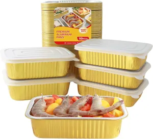 Small Aluminum Foil Pans with Lids ((50PACK 50LIDS), 7.3"x5"x2.2") Heavy Duty Pans Disposable Baking ContainersTo Go Food Containers Foil Trays Mini Loaf Pans Disposable Takeout