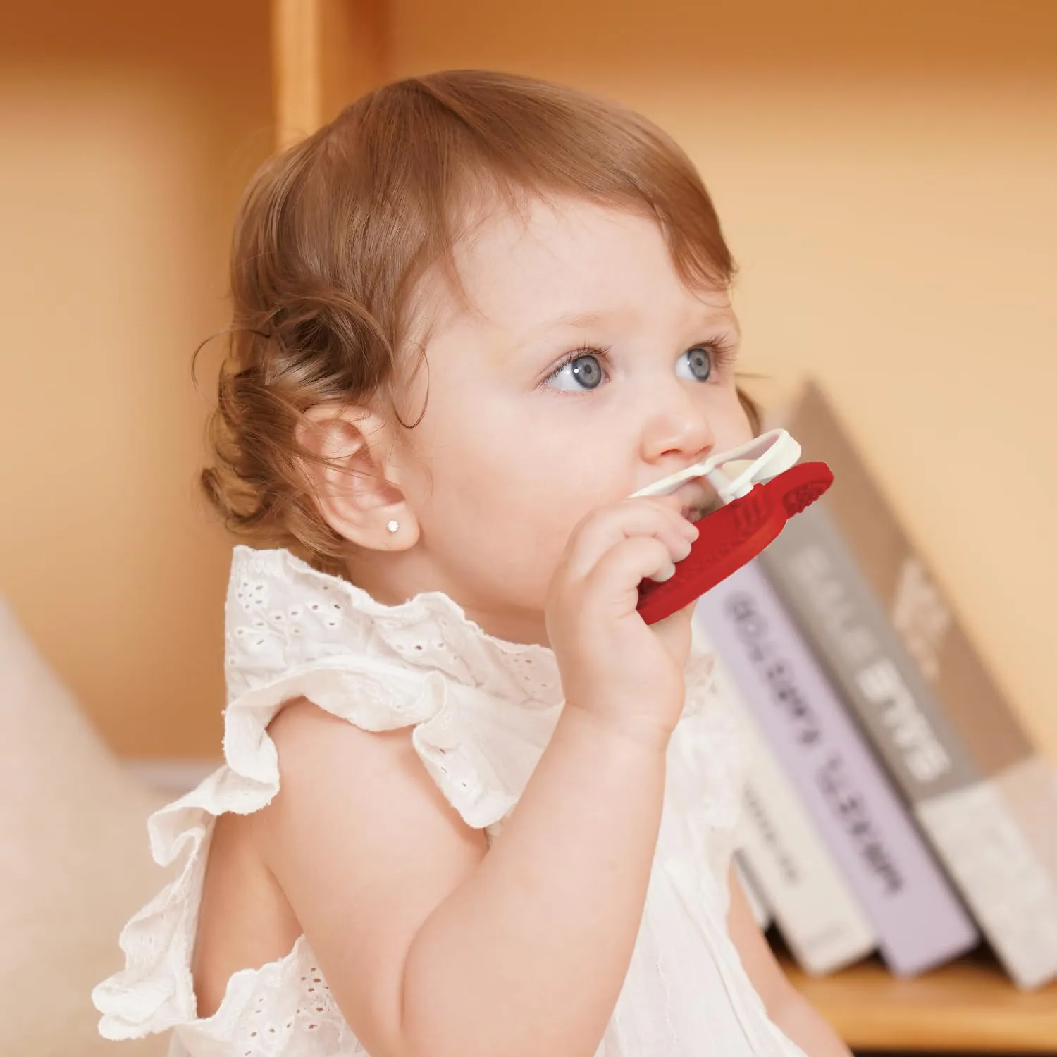 Smily Mia Flip-Flop Baby Teething Toys, Silicone Baby Teether for 3M , Chewing Toys for Babies Teething Pain Relief,Silicone Baby Shoes,Chimney red