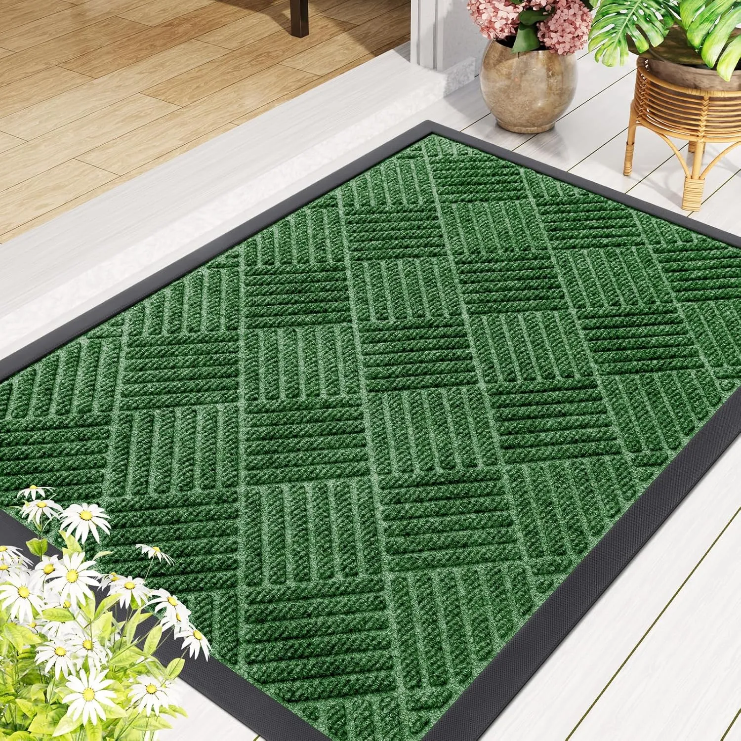 Smiry Front Door Mat Outside Entrance, Heavy Duty Outdoor Indoor Natural Rubber Doormat, Non Slip, Trap Dirt and Moisture, Easy Clean, Low Profile Patio Porch Entryway Mat, 29.5x17, Green