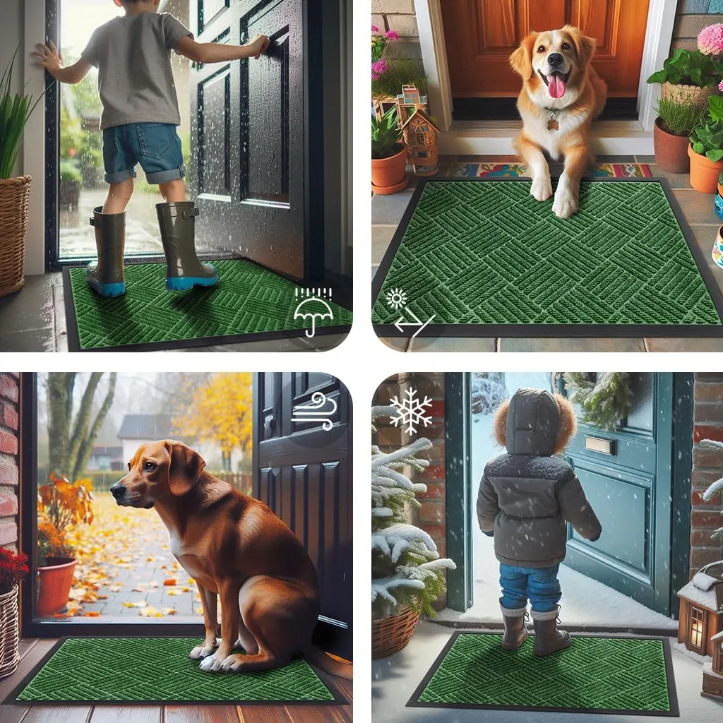 Smiry Front Door Mat Outside Entrance, Heavy Duty Outdoor Indoor Natural Rubber Doormat, Non Slip, Trap Dirt and Moisture, Easy Clean, Low Profile Patio Porch Entryway Mat, 29.5x17, Green