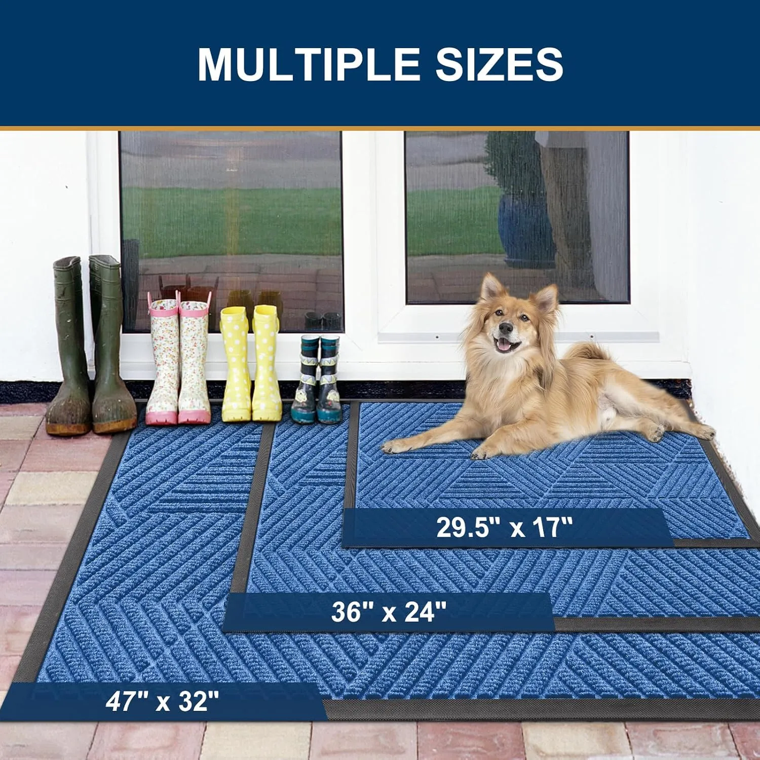 Smiry Front Door Mat Outside Entrance, Heavy Duty Sturdy Natural Rubber Doormat, Trap Dirt and Moisture, Easy Clean Low Profile Welcome Floor Mats for Indoor Outdoor Entry, 29.5x17 Inch, Blue