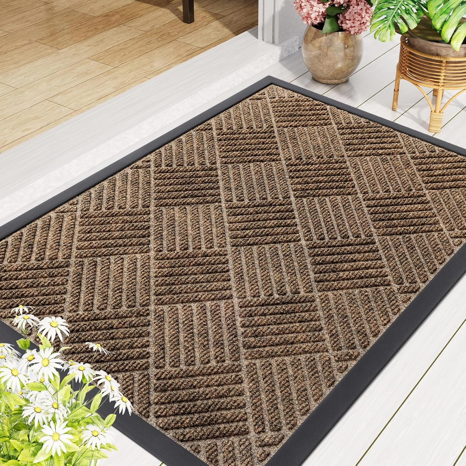 Smiry Front Door Mat Outside Entrance, Heavy Duty Outdoor Indoor Natural Rubber Doormat, Non Slip, Trap Dirt and Moisture, Easy Clean, Low Profile Patio Porch Entryway Mat, 29.5x17, Brown