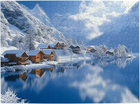 Snow Mountain Lake Village 500 Piece Puzzle For Adults,Beautiful Winter Scenery Photography,Pieces Fit Together Perfectly,Great For Relaxation And Display For Landscape Enthusiast