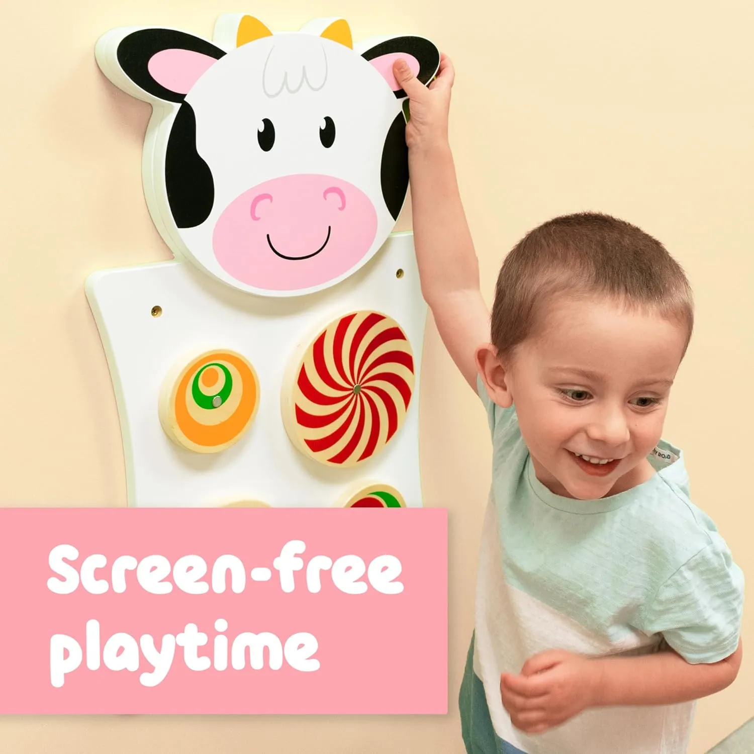 SPARK & WOW - 50677 Cow Activity Wall Panel - 18m  - Toddler Activity Center - Wall-Mounted Toy - Busy Board Decor for Bedrooms, Daycares and Play Areas
