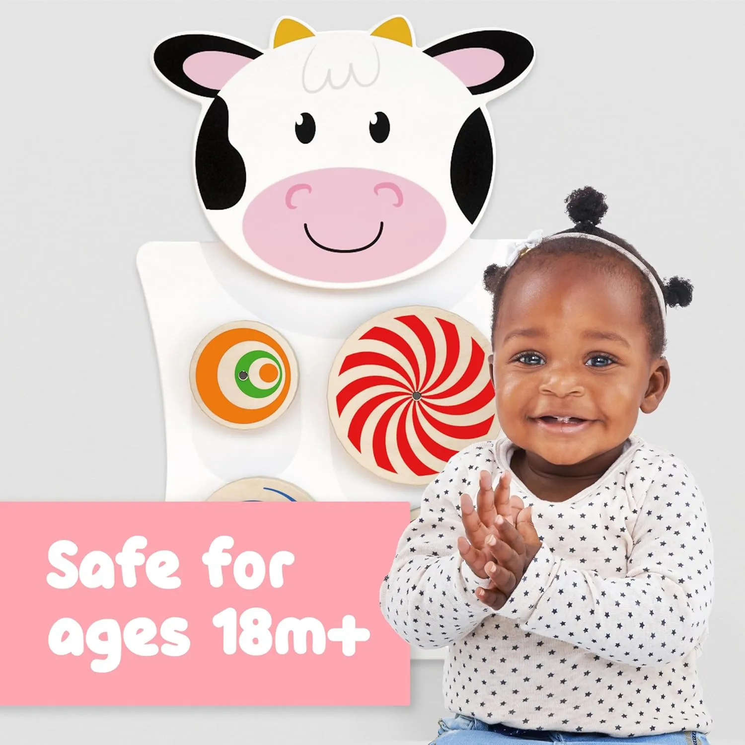 SPARK & WOW - 50677 Cow Activity Wall Panel - 18m  - Toddler Activity Center - Wall-Mounted Toy - Busy Board Decor for Bedrooms, Daycares and Play Areas