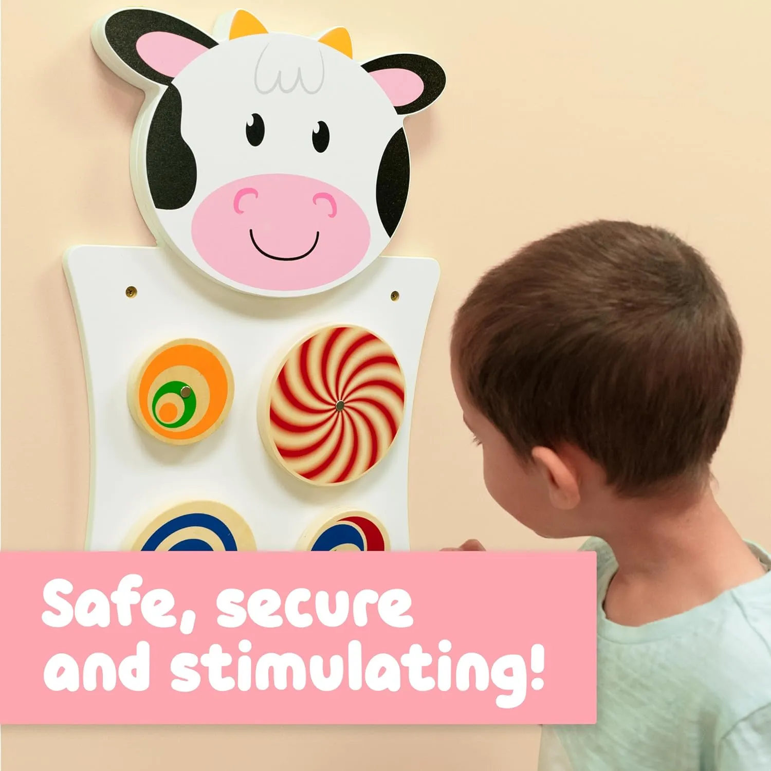 SPARK & WOW - 50677 Cow Activity Wall Panel - 18m  - Toddler Activity Center - Wall-Mounted Toy - Busy Board Decor for Bedrooms, Daycares and Play Areas