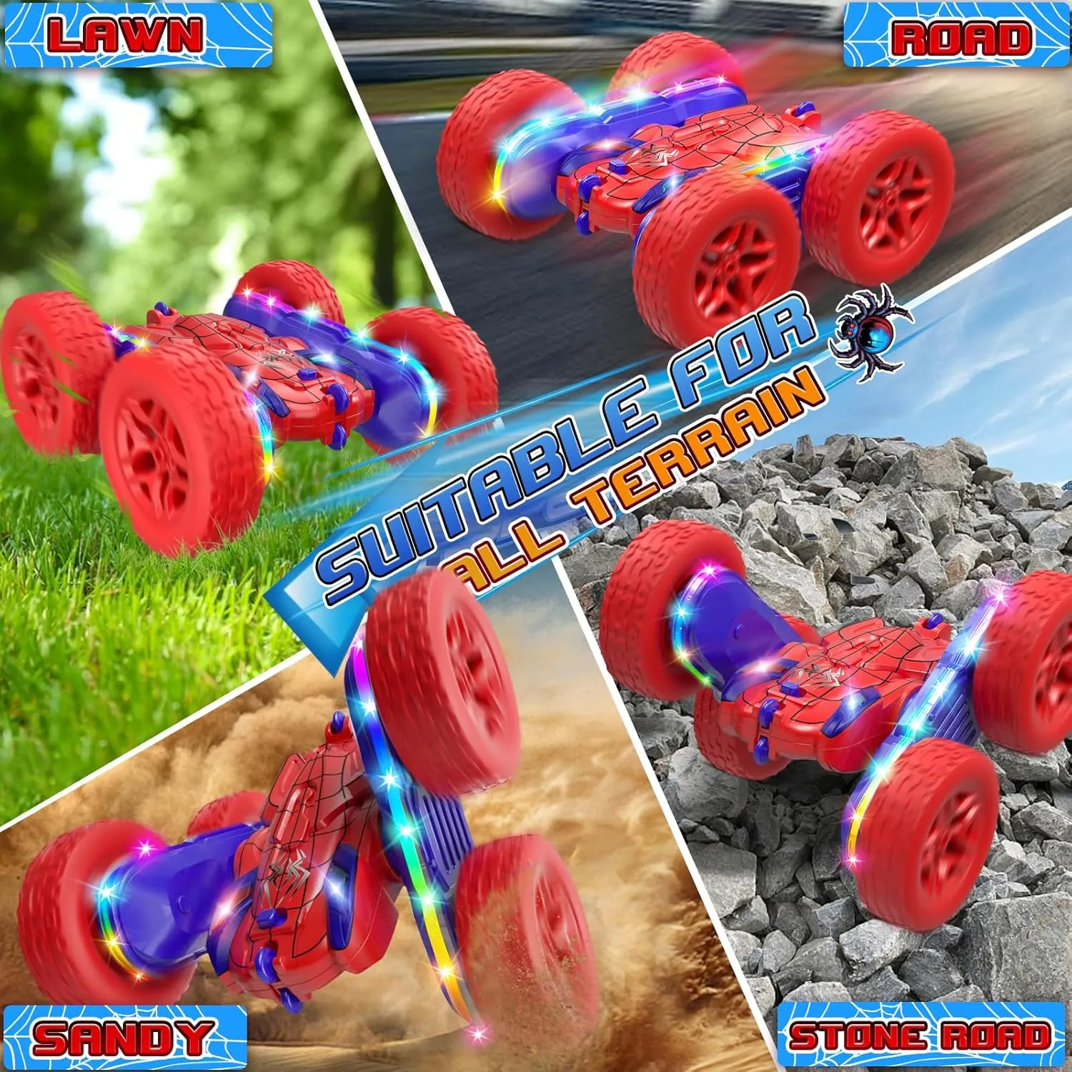 Spider Remote Control Car,RC Cars with Sides Light Strip and Headlights,Double Sided 360 Flips Rotating RC Stunt Car,2.4Ghz All Terrain Toys for Ages 5-7 Kids Toy for Boys Girls Birthday Gift