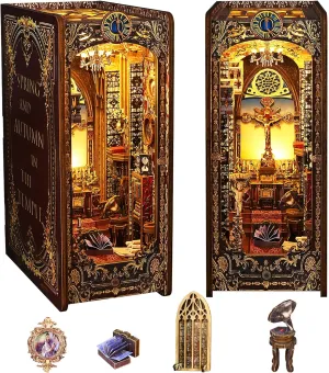 Spobot Book Nook Kit DIY Bookshelf Decor Kit with LED Light 3D Booknook Wooden Puzzle Bookend Stand Miniature Dollhouse Kit Gifts for Adults (Covenant Church)
