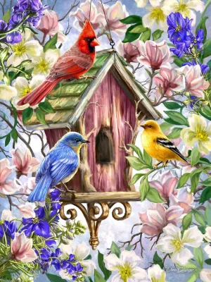Springbok Spring Awakens 500 Piece Jigsaw Puzzle for Adults - Featuring Cardinal, Finch and Blue Bird