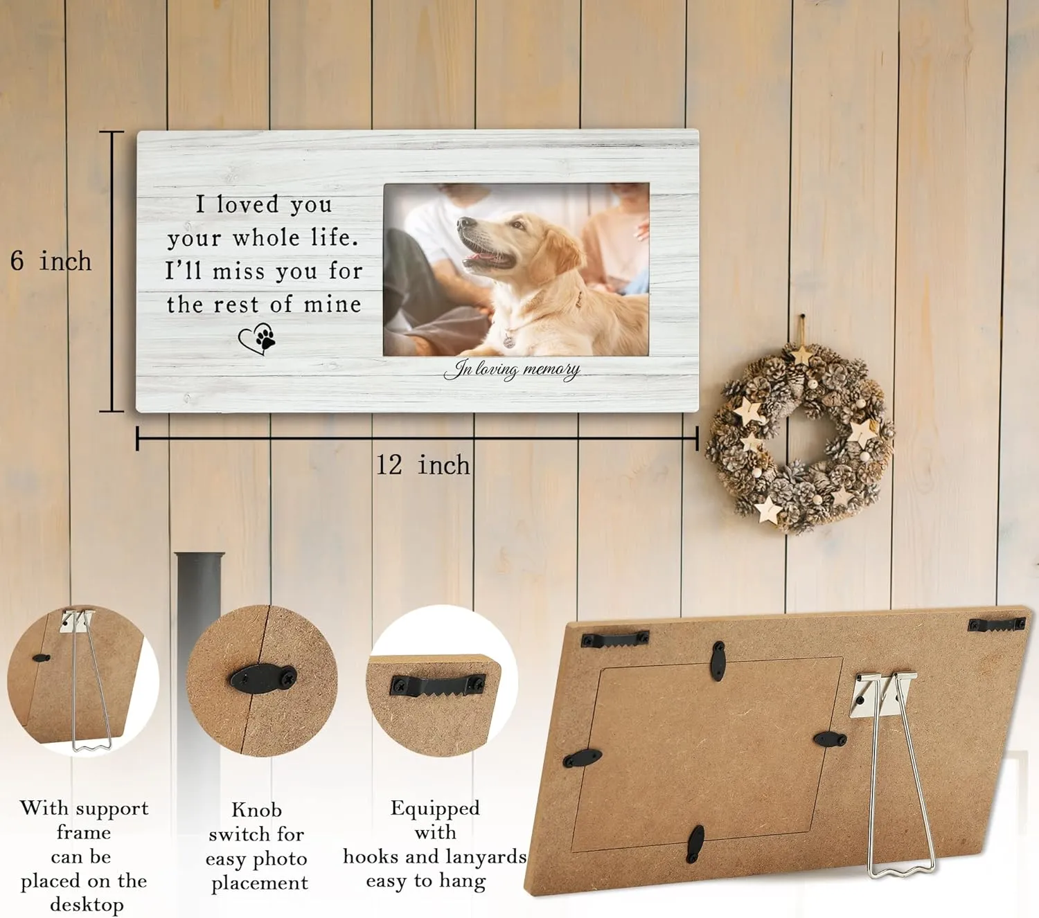 SRADMO Pet Memory Picture Frame,Pet Dog Cat Memorial 12×6 inch Wooden Tabletop Photo Frame for Pet Owners,Pet Loss Sympathy Gift,Sympathy Gifts for Loss Of Dog,Passed Away Dog Memorial Gifts