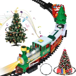 Sratte Christmas Electric Train Set Around The Christmas Tree, Train Toy Set with Track Locomotive Santa Claus Snowman Xmas Tree Music and Lights Christmas New Year Gifts for Boys Girls