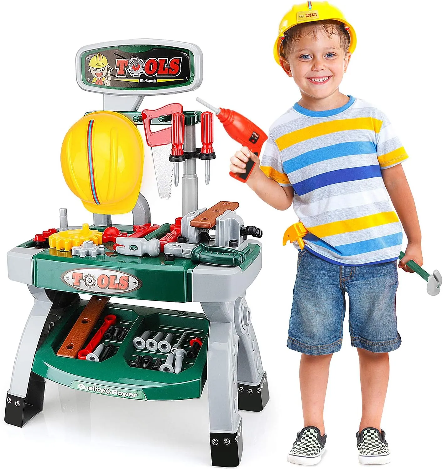 STEAM Life Toddler Workbench Toy Tool Set with Power Toy Drill - Toddler Tool Bench for Kids Workbench with Toy Gears, Helmet 49 Pcs - Kids Tool Set - Toy Tool Set for Boys Workshop Ages 3 4 5 6 7