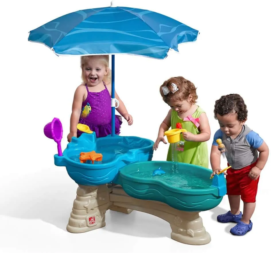 Step2 Spill & Splash Seaway Water Table, Kids Two-Tier Water and Sand Activity Sensory Playset, Comes with Umbrella, Summer Outdoor Toys, 11 Piece Toy Accessories, For Toddles 1.5  Years Old