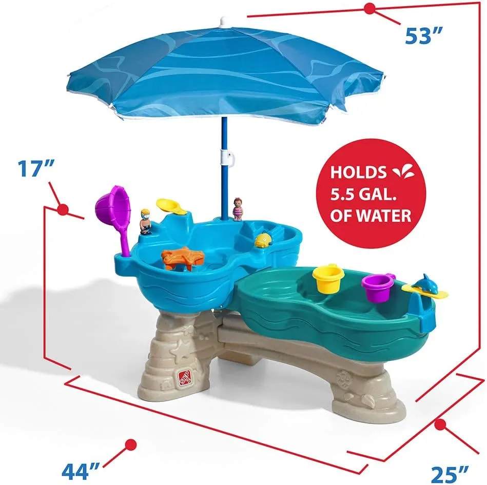 Step2 Spill & Splash Seaway Water Table, Kids Two-Tier Water and Sand Activity Sensory Playset, Comes with Umbrella, Summer Outdoor Toys, 11 Piece Toy Accessories, For Toddles 1.5  Years Old