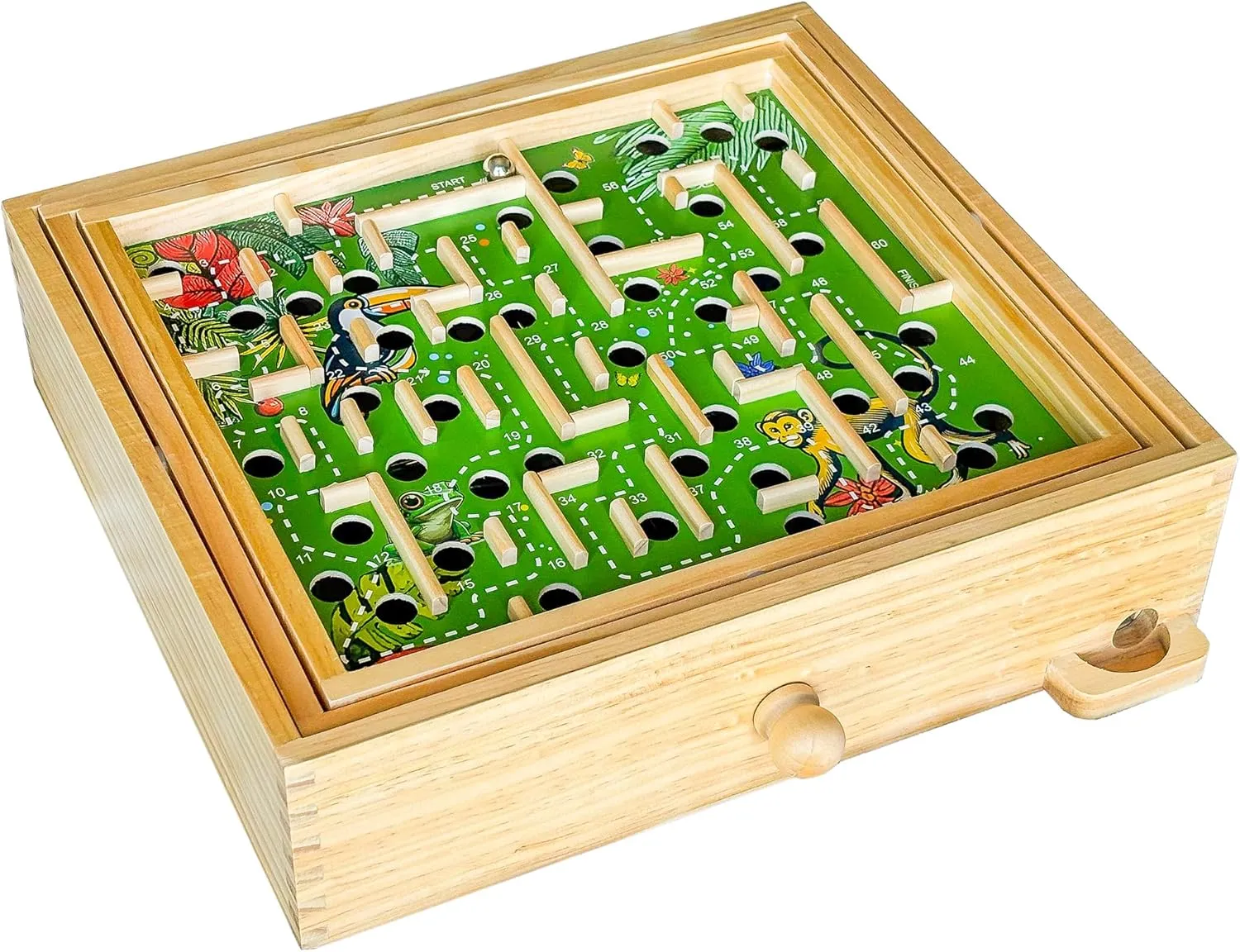STERLING Games Wooden Labyrinth Jungle Nature Theme Tilt Maze Game with Marble Ball and 60 Waypoints for 6 Years Up, 13.5" x 13" Board
