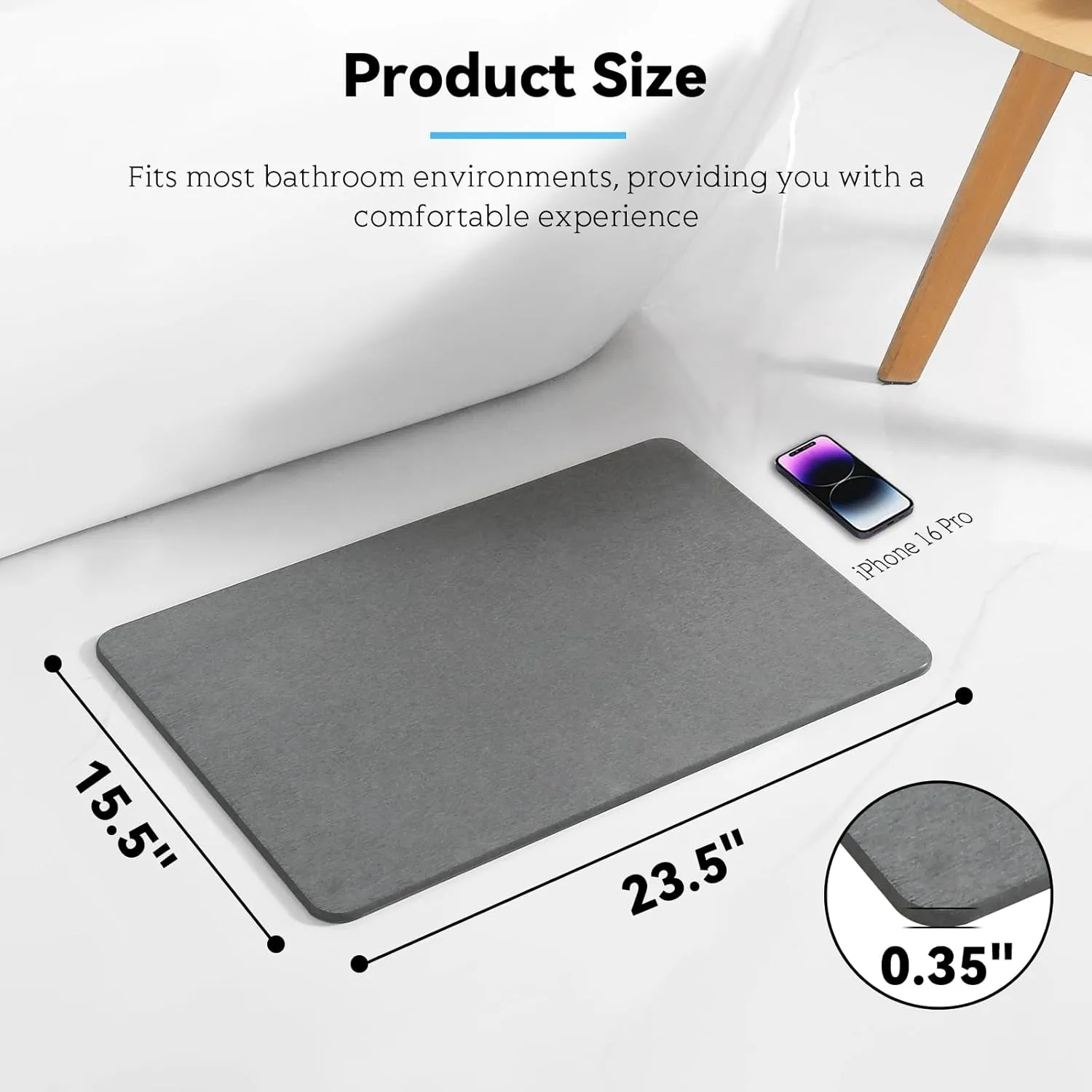 Stone Bath Mat, Dries Quickly, Non-Slip Diatomaceous Earth Bath Mats for Bathroom, Super Absorbent Stone Shower Mat, Easy to Clean, 23.5" x 15.5" Dark Gray