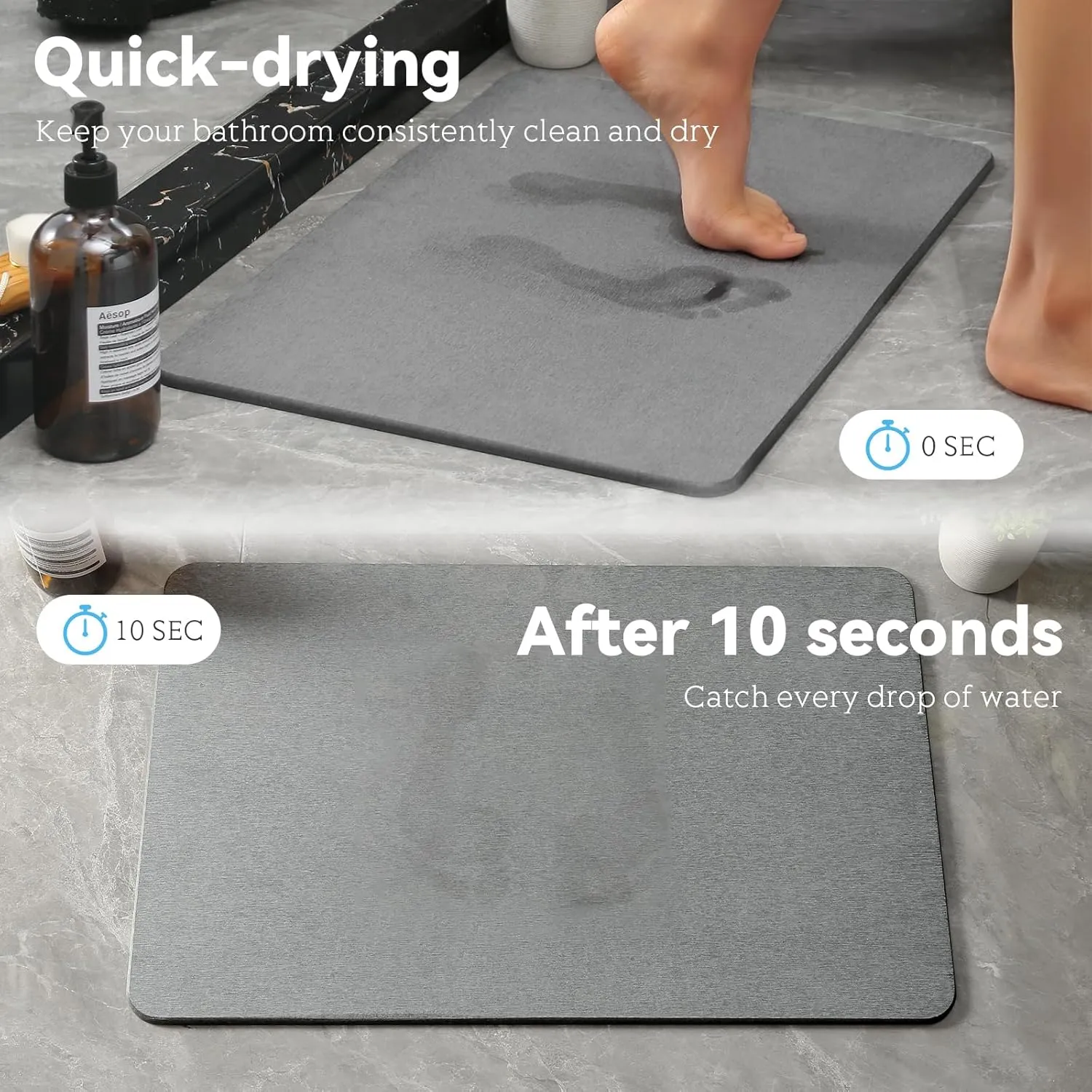 Stone Bath Mat, Dries Quickly, Non-Slip Diatomaceous Earth Bath Mats for Bathroom, Super Absorbent Stone Shower Mat, Easy to Clean, 23.5" x 15.5" Dark Gray