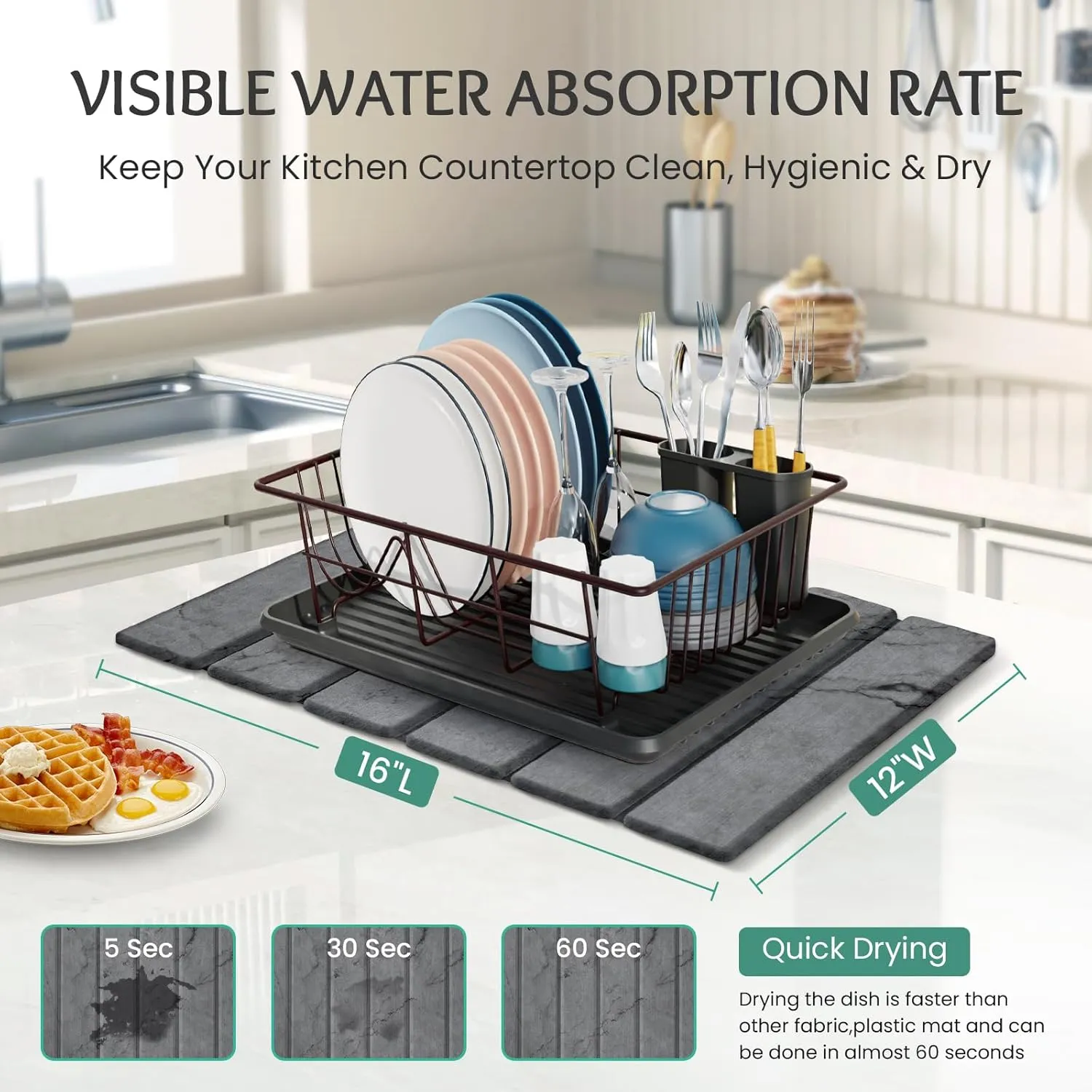 Stone Dish Drying Mat Collapsible Diatomaceous Earth Absorbent Mat Quick Dish Drying Pad Dish Rack Pad Match Any Counter to Multiple Usage for Kitchen,Bathroom