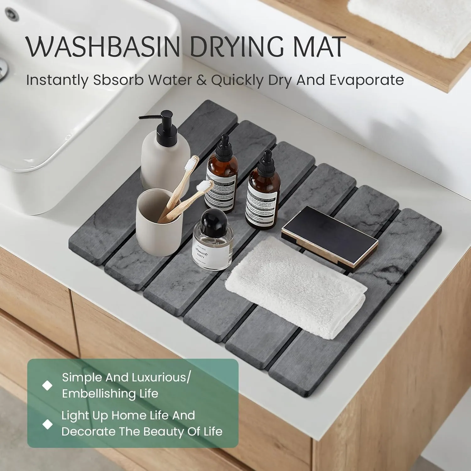 Stone Dish Drying Mat Collapsible Diatomaceous Earth Absorbent Mat Quick Dish Drying Pad Dish Rack Pad Match Any Counter to Multiple Usage for Kitchen,Bathroom