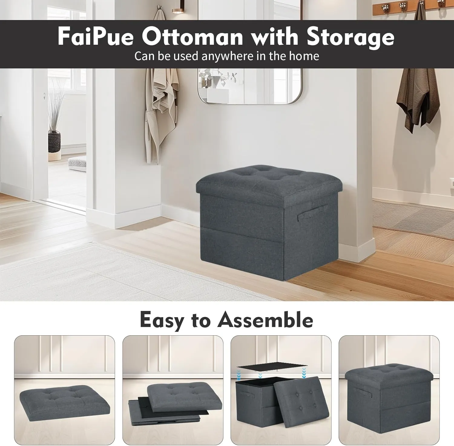 Storage Ottoman Cube, Folding Footstool Rest with Thicker Foam Padded Seat. Liner Ottoman with Storage Bench or Living Room, Bedroom, Home Office, Coffee Table. 17x13x13in, Gray Green