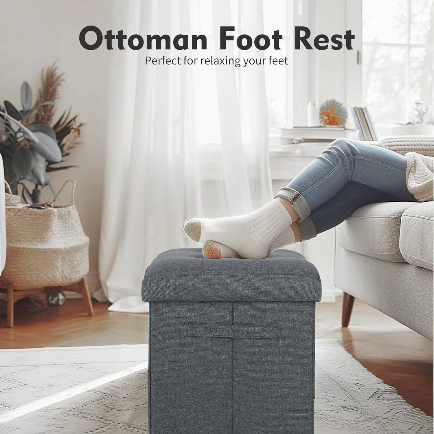 Storage Ottoman Cube, Folding Footstool Rest with Thicker Foam Padded Seat. Liner Ottoman with Storage Bench or Living Room, Bedroom, Home Office, Coffee Table. 17x13x13in, Gray Green