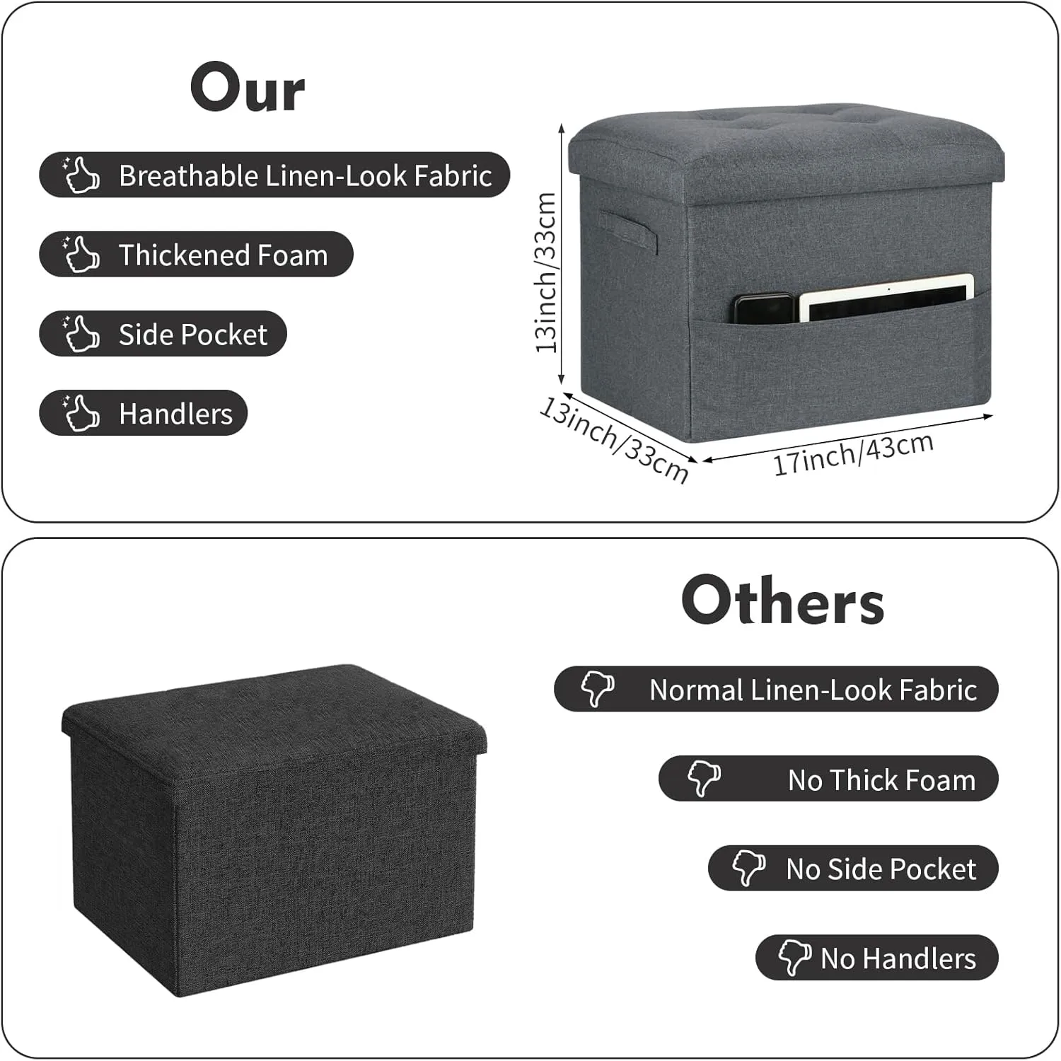 Storage Ottoman Cube, Folding Footstool Rest with Thicker Foam Padded Seat. Liner Ottoman with Storage Bench or Living Room, Bedroom, Home Office, Coffee Table. 17x13x13in, Gray Green
