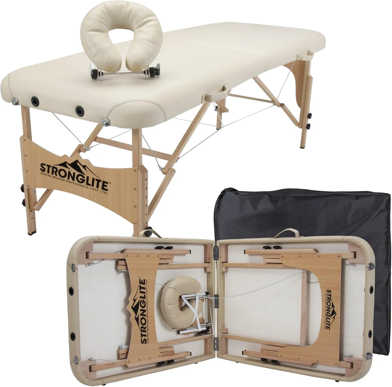 STRONGLITE Portable Massage Table Package Shasta - All-In-One Treatment Bed w/ Adjustable Face Cradle, Pillow & Carrying Case, Beige