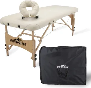 STRONGLITE Portable Massage Table Package Shasta - All-In-One Treatment Bed w/ Adjustable Face Cradle, Pillow & Carrying Case, Beige