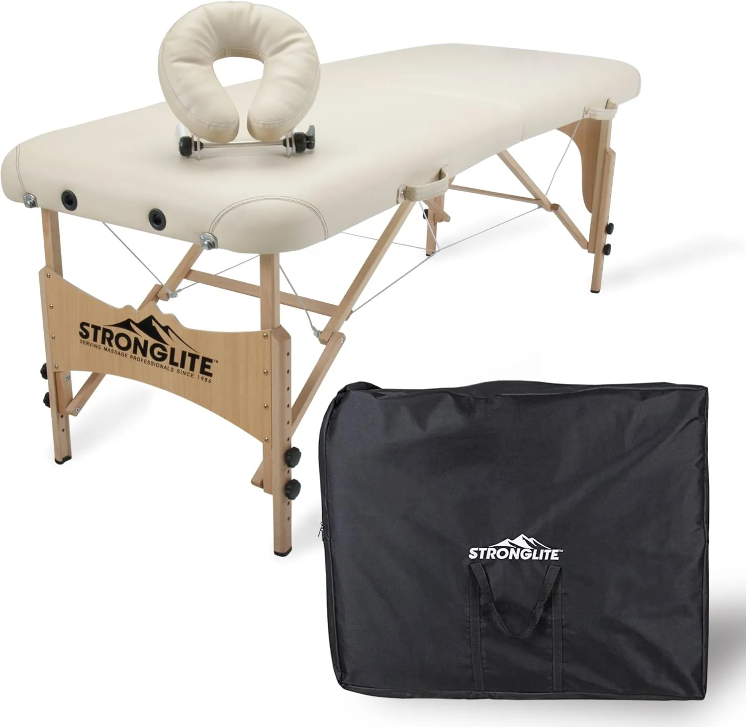STRONGLITE Portable Massage Table Package Shasta - All-In-One Treatment Bed w/ Adjustable Face Cradle, Pillow & Carrying Case, Beige