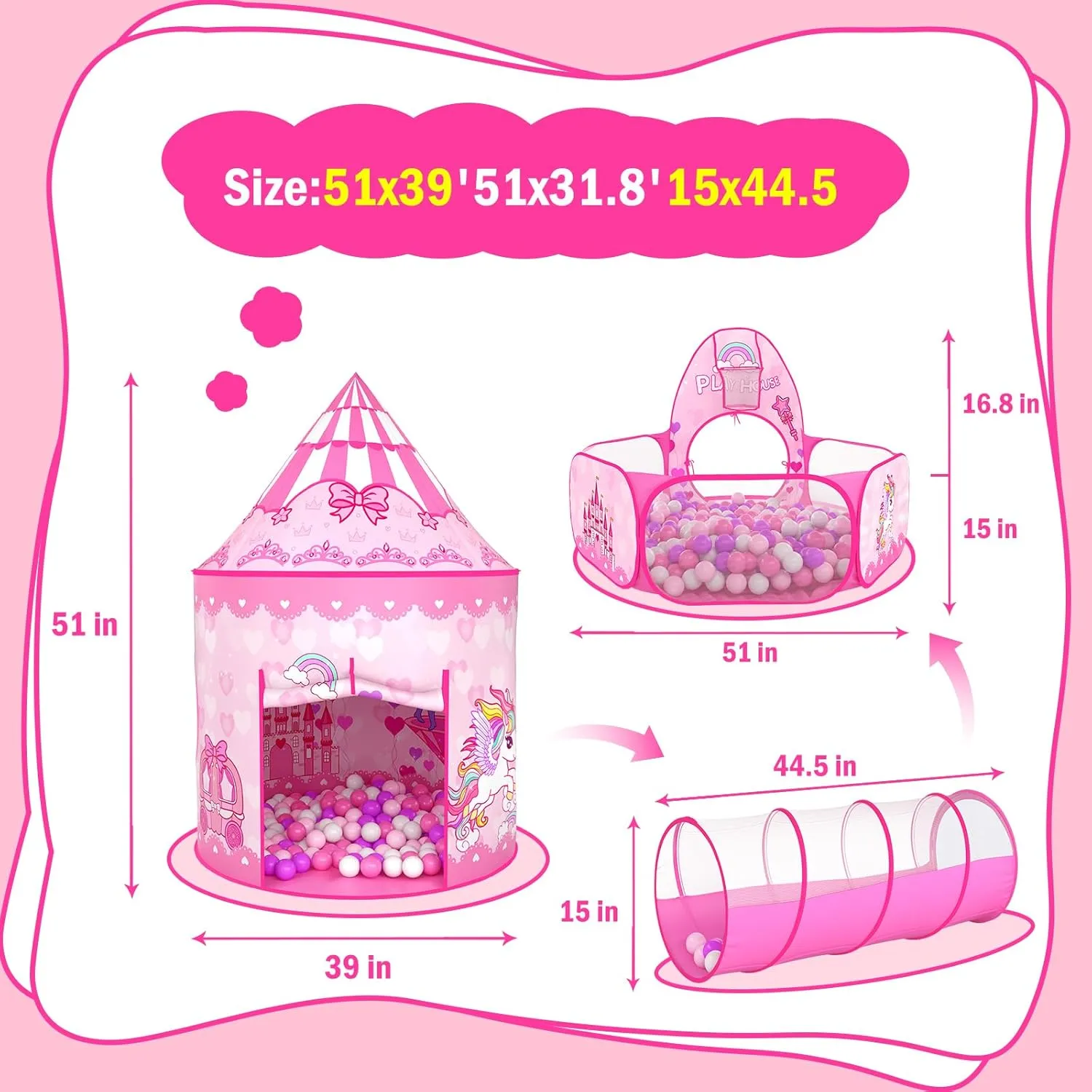 Sumbababy Princess Tent with Tunnel for Girls - 3pc Pop Up Kids Play Tent with Ball Pits for Toddlers - Pink Playhouse Toys Indoor& Outdoor for Birthday Gifts