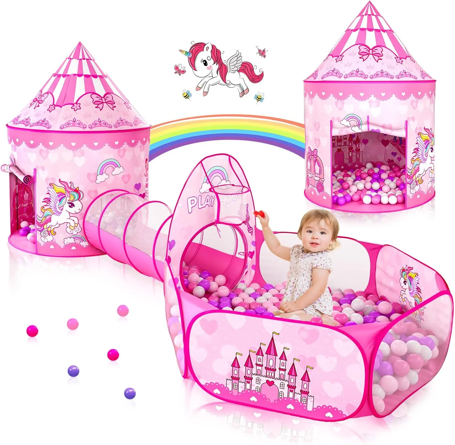 Sumbababy Princess Tent with Tunnel for Girls - 3pc Pop Up Kids Play Tent with Ball Pits for Toddlers - Pink Playhouse Toys Indoor& Outdoor for Birthday Gifts