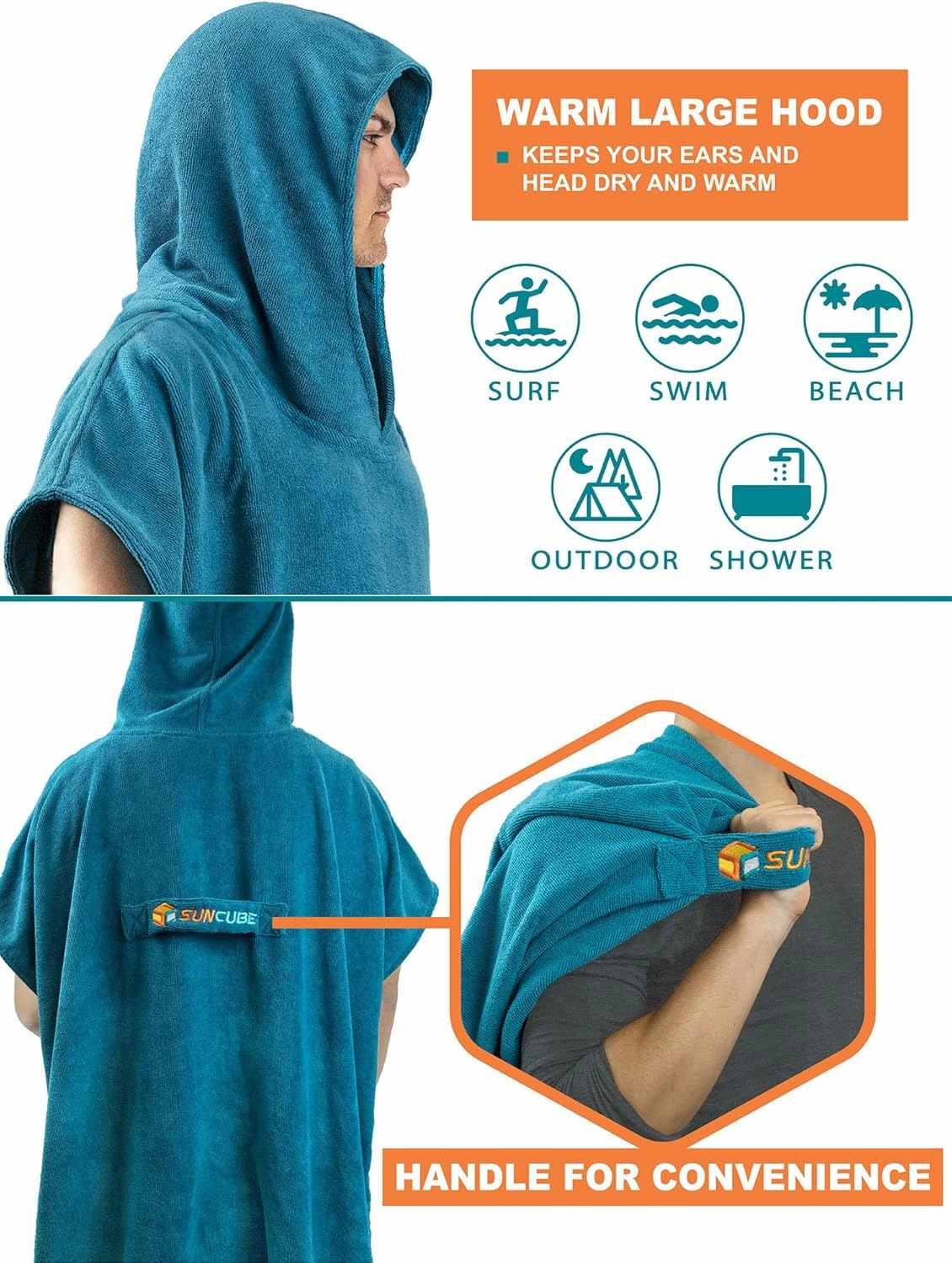 SUN CUBE Surf Poncho Changing Robe with Hood | Absorbent Quick Dry Microfiber Wetsuit Changing Towel with Pocket for Surfing Men Women