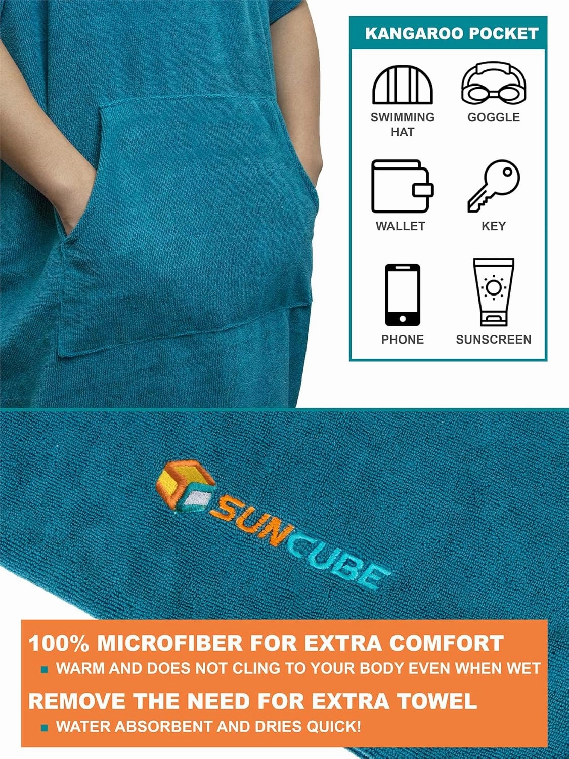 SUN CUBE Surf Poncho Changing Robe with Hood | Absorbent Quick Dry Microfiber Wetsuit Changing Towel with Pocket for Surfing Men Women