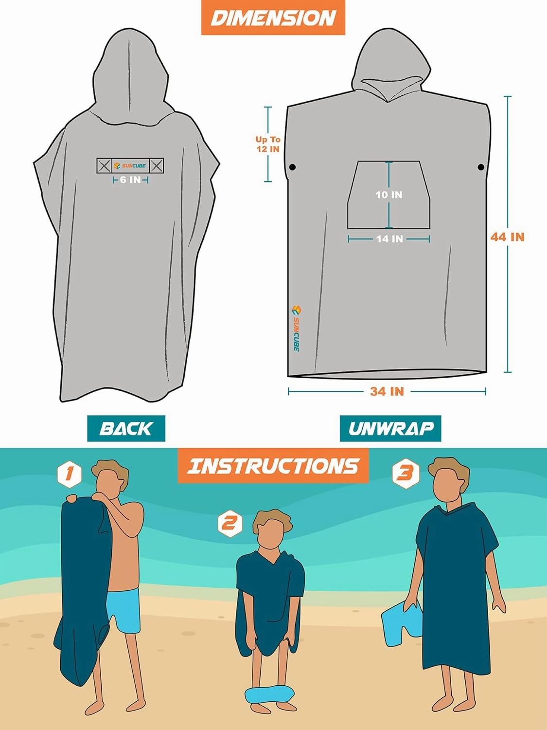 SUN CUBE Surf Poncho Changing Robe with Hood | Absorbent Quick Dry Microfiber Wetsuit Changing Towel with Pocket for Surfing Men Women