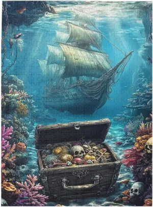Sunken Pirate Ship & Treasure Chest 500 Piece Vibrant Jigsaw Puzzle, Wooden Ocean Puzzle With Colorful Coral & Fish,Every Piece Is Unique,Suitable For Family Recreation