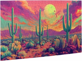 sunset over cactus desert puzzles for adults 500 pieces,unique home decor wooden jigsaw puzzle,vibrant and unique design,suitable for family leisure and entertainment