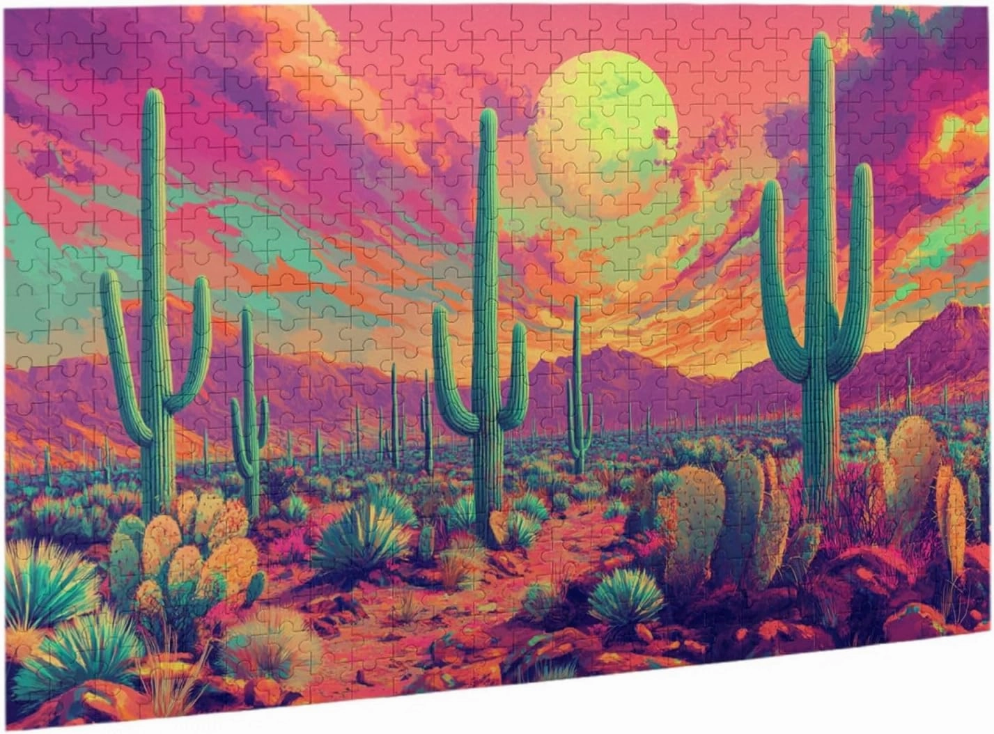 sunset over cactus desert puzzles for adults 500 pieces,unique home decor wooden jigsaw puzzle,vibrant and unique design,suitable for family leisure and entertainment