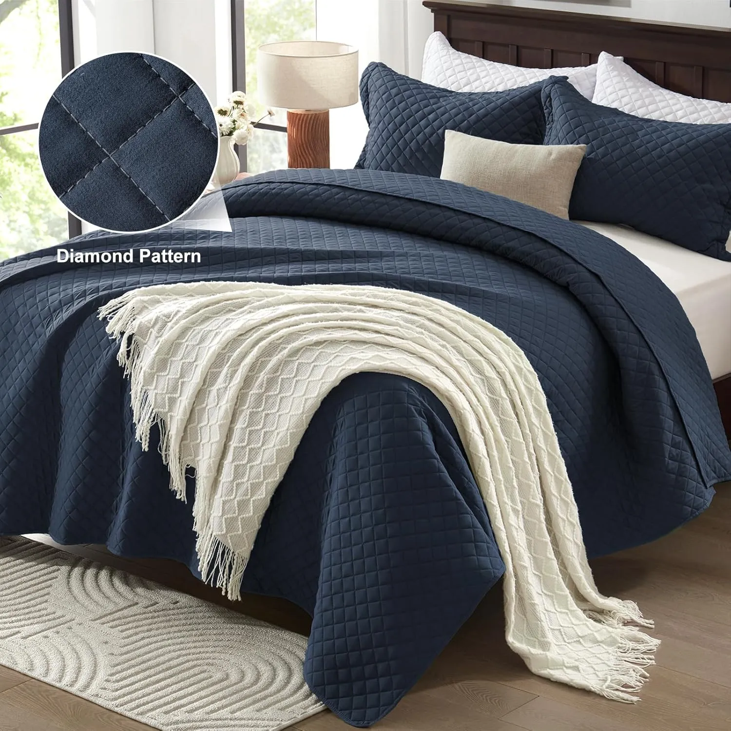 SunStyle Home Queen Quilt Bedding Set Navy, Lightweight Summer Bedspread Blanket Full Queen Size Quilt, Luxury Durable Quilted Stitching Coverlet with 2 Pillow Shams Diamond Pattern All Seasons 3pcs